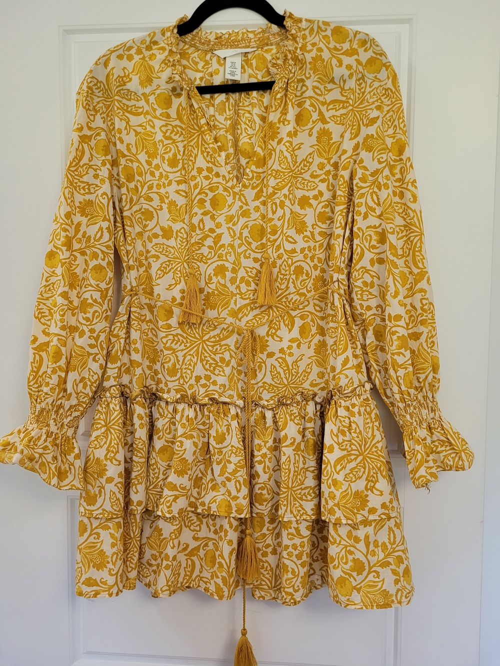 H&M 100% Cotton Top/Dress Yellow/White Floral Tie-Waist Long Sleeve XS -Like New - Picture 12 of 14